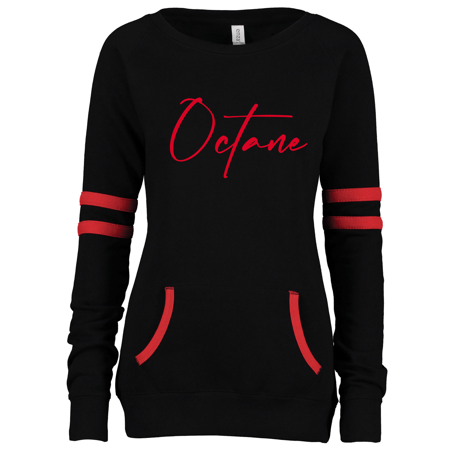 Ladies Enza Varsity Fleece Crewneck Pullover Black Red Script (Suggested to size up 1)