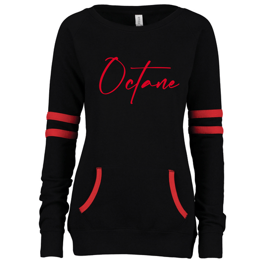 Ladies Enza Varsity Fleece Crewneck Pullover Black Red Script (Suggested to size up 1)