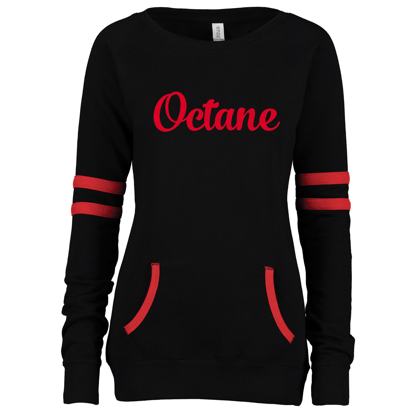 Ladies Enza Varsity Fleece Crewneck Pullover Black Red Baseball Script (Suggested to size up 1)