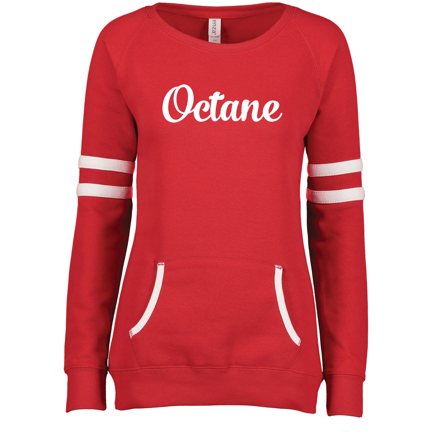 Ladies Enza Varsity Fleece Crewneck Pullover Red White Baseball Script (Suggested to size up 1)