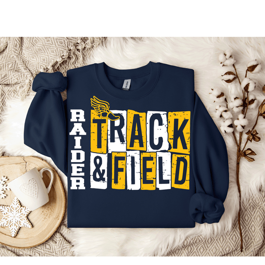 Raider Track & Field Gildan Navy Unisex Crewneck Burn Font Design