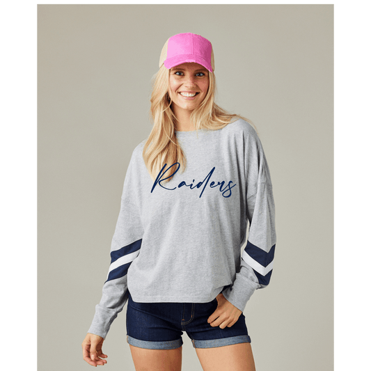 Ladies Enza Varsity Long Sleeve Raider Script Font Design