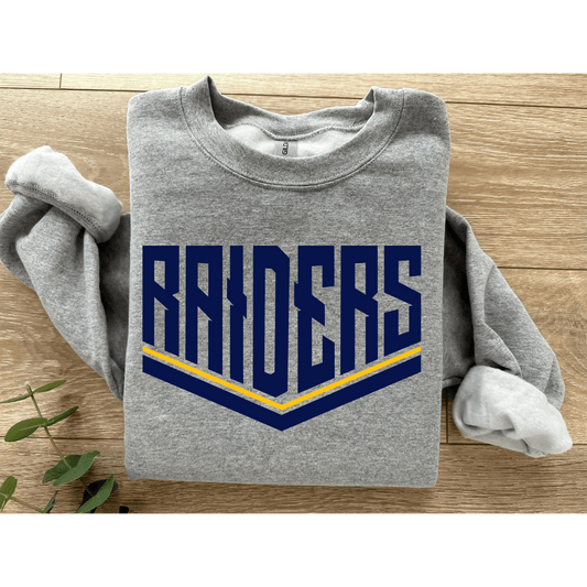 Raider Gildan Sport Gray Unisex Crewneck Navy and Gold Design