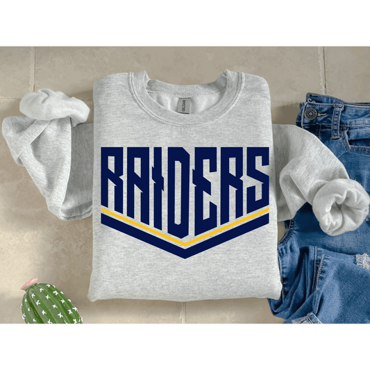 Raider Gildan Ash Gray Unisex Crewneck Navy and Gold Design