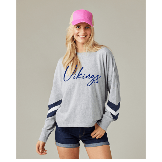 Ladies Enza Boxy Varsity Long Sleeve Tee Script Font