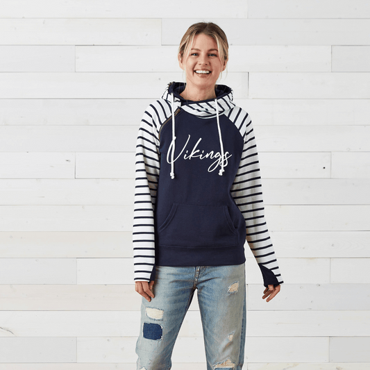 Ladies Enza Stripe Double Hood Pullover Vikings Script Font (Suggested to size up)